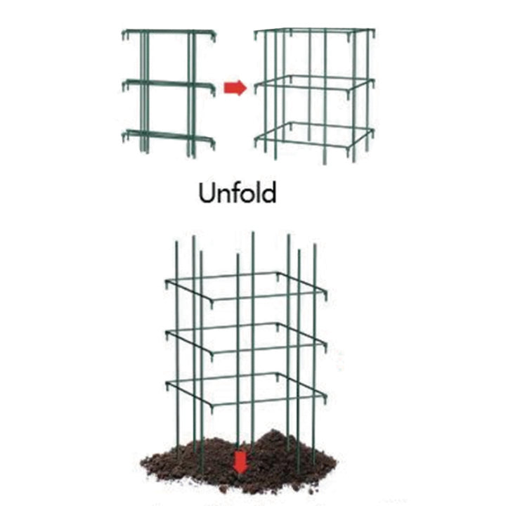 A black galvanized steel folding tomato cage with a square opening